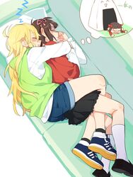  &gt;_&lt; 2girls ^_^ ahoge amami_haruka ankle_socks between_legs between_thighs black_legwear black_skirt blonde_hair blue_footwear blunt_bangs blush bow brown_hair chibi closed_eyes closed_mouth commentary couch cuddling d.y.x. d: denim denim_shorts dreaming drooling dx facing_viewer food from_above full_body hair_ribbon hairbow hands_up hood hood_down hoshii_miki hug hug_from_behind idolmaster idolmaster_(classic) indoors kneehighs leg_between_thighs loafers long_hair long_sleeves lying mouth_drool multiple_girls nightmare no_nose on_side on_stomach onigiri open_hands open_mouth oversized_food oversized_object parted_lips pillow pink_ribbon pleated_skirt profile red_bow ribbon shaded_face shoe_soles shoes short_hair shorts skirt sleeping smile sneakers socks spooning sweat thought_bubble turn_pale two-tone_footwear wavy_mouth white_socks yuri zzz 