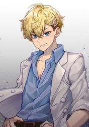  1boy absurdres belt blonde_hair blue_eyes blue_shirt brown_belt brown_hair collared_shirt earrings gradient_background grey_background grey_jacket grin hair_between_eyes hair_ornament highres jacket jewelry long_sleeves male_focus matsuno_chifuyu multicolored_hair nanin oerba_yun_fang open_clothes open_jacket pointy_nose shirt short_hair smile solo teeth tokyo_revengers two-tone_hair x_hair_ornament 