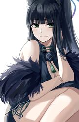  :d animal_ear_fluff animal_ears bare_shoulders black_hair blue_archive breasts cleavage closed_mouth dress female fur_trim green_eyes high_ponytail highres hime_cut long_hair nicky_w shun_(blue_archive) smile solo upper_body white_background 