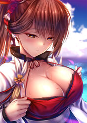  akeyama_kitsune azur_lane breasts brown_hair cleavage cloud cloudy_sky dress female flower hair_flower hair_ornament japanese_clothes kimono large_breasts long_hair red_dress red_flower sky solo sweat water white_kimono yellow_eyes zuikaku_(azur_lane) 