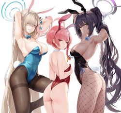  3girls ahoge animal_ears arched_back armpits arms_behind_head arms_up ass asuna_(blue_archive) asuna_(bunny)_(blue_archive) back backless_leotard bad_id bad_twitter_id bare_arms bare_shoulders black_hair black_leotard blue_archive blue_eyes blue_leotard bow bowtie braid breasts brown_hair brown_pantyhose cleavage closed_mouth commentary covered_navel cowboy_shot dark-skinned_female dark_skin detached_collar expressionless fake_animal_ears fake_tail fishnet_pantyhose fishnets from_behind from_side frown gloves grin hair_over_one_eye hairband halo highleg highleg_leotard highres karin_(blue_archive) karin_(bunny)_(blue_archive) large_breasts leg_up leotard leviathan_(hikinito0902) long_hair looking_at_viewer looking_back looking_to_the_side medium_breasts mole mole_on_breast mole_under_eye multiple_girls neru_(blue_archive) neru_(bunny)_(blue_archive) no_jacket official_alternate_costume orange_eyes pantyhose pink_hair playboy_bunny ponytail rabbit_ears rabbit_tail red_leotard sidelocks simple_background single_braid skindentation small_breasts smile strapless strapless_leotard tail thighband_pantyhose thighs thong_leotard traditional_bowtie very_long_hair white_background white_gloves wrist_cuffs yellow_eyes 