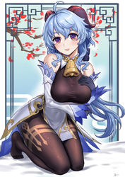  absurdres ahoge bare_shoulders bell black_gloves black_pantyhose blue_hair bodystocking branch breasts commentary cowbell detached_sleeves feet female full_body ganyu_(genshin_impact) genshin_impact gloves gold_trim hand_on_own_chest highres horns linreplica lips long_hair long_sleeves looking_at_viewer medium_breasts neck_bell no_shoes pantyhose purple_eyes smile solo thighlet white_sleeves 