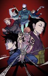  6+boys arm_tattoo black_blindfold black_hair black_jacket black_kimono blindfold blue_pants brown_hair chest_tattoo clenched_hand closed_mouth covered_eyes facial_mark facial_tattoo female fingernails frown full_body fushiguro_megumi getou_suguru gojou_satoru grey_eyes hammer highres holding holding_hammer holding_sword holding_weapon hood hood_down hoodie itadori_yuuji jacket japanese_clothes jujutsu_kaisen katana kesa kimono kugisaki_nobara long_hair looking_away max801115 multiple_boys nail okkotsu_yuuta pants profile red_background red_hoodie ryoumen_sukuna_(jujutsu_kaisen) sharp_fingernails short_hair smile spiked_hair squatting stitches sword tattoo topless_male twitter_username undercut upper_body weapon white_hair white_jacket 