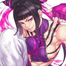  abs arm_up armpits baggy_pants blunt_bangs breasts chinese_clothes covered_nipples dudou energy female fingerless_gloves fingernails gloves grin hair_horns hair_ornament halterneck juri_han knee_up large_breasts leg_up lips looking_at_viewer middle_finger muscular muscular_female o-ring o-ring_top pants parted_lips pink_gloves purple_eyes purple_pupils short_hair shu-mai sideboob sidelocks simple_background smile solo street_fighter street_fighter_iv_(series) teeth texture tsurime unaligned_breasts white_background 