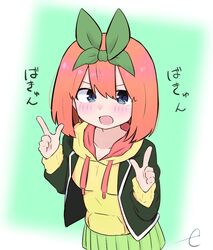  :d black_jacket blue_eyes blush commentary_request drawstring eyebrows_hidden_by_hair female go-toubun_no_hanayome green_ribbons green_skirt hair_between_eyes hair_ribbon hands_up hood hood_down hoodie index_fingers_raised jacket kujou_karasuma looking_at_viewer nakano_yotsuba open_clothes open_jacket open_mouth pleated_skirt ribbon signature skirt smile solo translated yellow_hoodie 