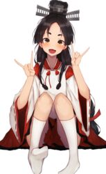  \n/ black_hair brown_eyes commentary_request double_\n/ female full_body hair_tie hakama high_ponytail highres japanese_clothes kantai_collection kariginu kyawadayooo long_hair looking_at_viewer miko multi-tied_hair nisshin_(kancolle) red_hakama red_ribbon ribbon short_eyebrows simple_background sitting socks solo thick_eyebrows very_long_hair white_background white_socks 