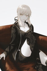  arm_support armchair arms_at_sides artoria_pendragon_(fate) black_footwear black_jacket black_ribbon black_shirt black_shorts black_thighhighs blonde_hair boots breasts chair cleavage collarbone couch cross cross_necklace english_commentary fate/grand_order fate_(series) female fov_ps grey_background hair_ribbon jacket jewelry leg_up long_hair long_sleeves looking_at_viewer necklace nostrils on_couch open_mouth pale_skin ponytail ribbon saber_alter saber_alter_(ver._shinjuku_1999)_(fate) shirt shorts simple_background sitting solo thigh_boots thighhighs white_background yellow_eyes 