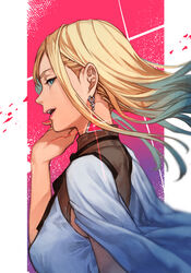  blonde_hair blue_eyes dress earrings evening_gown female from_side gigi_andalusia gundam gundam_hathaway&#039;s_flash hungry_clicker jewelry lips lipstick looking_at_viewer makeup medium_hair solo triangle_earrings white_dress 