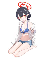  :d absurdres ayane_(blue_archive) ayane_(swimsuit)_(blue_archive) barefoot bikini bikini_top_only black_hair blue_archive blue_bikini braid breasts chinese_commentary commentary denim denim_shorts female flower front-tie_bikini_top front-tie_top full_body glasses hair_flower hair_ornament halo highres holding holding_pen holding_tablet_pc jacket jacket_over_swimsuit legs light_blush long_sleeves looking_at_viewer maoxian_qiu_wan_maoxian medium_breasts navel official_alternate_costume open_clothes open_jacket open_mouth pen pointy_ears short_hair short_shorts shorts simple_background sitting smile soles solo stomach striped_bikini striped_clothes swimsuit tablet_pc toes wariza white_background white_jacket yellow_eyes 