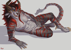  abs amber_eyes anthro charr claws covering covering_crotch covering_self digital_media_(artwork) fangs felid feline fur guild_wars hair horn long_hair looking_at_viewer lying maaia male mammal muscular muscular_anthro muscular_male navel nipples on_side open_mouth pecs reclining red_hair shadow simple_background smile solo striped_body stripes tail tail_tuft teeth tuft vay_bloodmane yellow_claws 