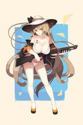  :o absurdres bare_shoulders bikini black_jacket breasts cleavage clothes_pull collarbone commentary_request female full_body girls&#039;_frontline gun halterneck highres holding holding_gun holding_weapon jacket jacket_pull jonbur_man korean_commentary large_breasts light_brown_hair long_hair looking_at_viewer m37_(girls&#039;_frontline) m37_(summer_parader)_(girls&#039;_frontline) official_alternate_costume open_mouth red_eyes shoes shotgun simple_background solo standing string_bikini swimsuit weapon white_bikini white_headwear 