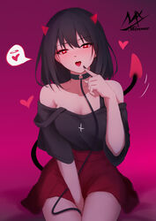  absurdres bare_shoulders between_legs black-haired_demon_girl_(shimmer) black_choker black_hair black_nails black_shirt blush breasts choker cleavage commentary cross demon_girl demon_horns demon_tail female hand_between_legs hand_up heart heart-shaped_pupils highres horns inverted_cross leash looking_at_viewer medium_breasts nail_polish off-shoulder_shirt off_shoulder open_mouth original red_eyes red_skirt saliva shimmer shirt short_sleeves signature skirt solo spoken_heart strap_slip symbol-only_commentary symbol-shaped_pupils tail 