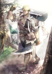  1boy backpack bag bedroll black_footwear black_gloves blonde_hair boots collarbone facial_hair fingerless_gloves gloves hand_up highres holding holding_knife knife lantern male_focus muscular muscular_male oswald_(mountain_of_heaven) outdoors pixiv_fantasia pixiv_fantasia_mountain_of_heaven pouch rock scar scar_on_face short_hair sideburns stubble suzune_kotora tree walking 