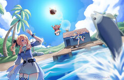  &gt;_&lt; 3girls :d ahoge arms_up backpack bag bag_charm barbara_(genshin_impact) barbara_(summertime_sparkle)_(genshin_impact) bent_over blonde_hair bloomers blue_eyes blue_one-piece_swimsuit blue_sky bow bracelet brown_footwear brown_scarf cabbie_hat charm_(object) chasing cloud cloudy_sky clover_print coat coconut_tree commentary detached_sleeves dodoco_(genshin_impact) drill_hair duck_print english_commentary fish genshin_impact hair_between_eyes hair_ribbon hairbow handbag hat hat_feather hat_ornament highres house jean_(genshin_impact) jean_(sea_breeze_dandelion)_(genshin_impact) jewelry jumping jumpy_dumpty klee_(genshin_impact) lens_flare light_brown_hair long_hair long_sleeves looking_at_viewer low_twintails md5_mismatch mountainous_horizon multiple_girls official_alternate_costume one-piece_swimsuit open_mouth outdoors outstretched_arms palm_tree pointy_ears ponytail randoseru red_coat red_headwear resolution_mismatch ribbon running scarf shirakawafel siblings sidelocks sisters sky smile source_larger spread_arms sun sunlight swimsuit throwing tree twin_drills twintails underwear xd 