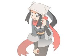  :d akari_(pokemon) black_hair commentary cowboy_shot english_commentary female galaxy_expedition_team_survey_corps_uniform head_scarf highres holding holding_poke_ball looking_to_the_side open_mouth poke_ball poke_ball_(legends) pokemon pokemon_legends:_arceus ponytail red_scarf scarf simple_background smile solo standing temmie_chang white_background 