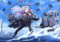  anchor black_pantyhose blue_sky breasts cannon casing_ejection chains cloud commentary_request day dress female from_below gloves grey_hair hair_ribbon headgear kantai_collection legs long_hair machinery murakumo_(kancolle) murakumo_kai_ni_(kancolle) necktie ocean open_mouth orange_eyes outdoors pantyhose red_necktie ribbon rigging sailor_dress shell_casing sidelocks sky smoke solo standing standing_on_liquid thighband_pantyhose tress_ribbon turret waves weapon zombie_mogura 