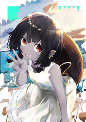  :d absurdres bare_arms bare_shoulders black_hair brown_eyes colored_skin dress ear_piercing eyelashes female getto grey_skin hat hat_on_back highres indie_virtual_youtuber leaning_forward looking_at_viewer official_alternate_costume open_mouth piercing sharp_teeth short_hair smile solo straw_hat sun_hat sundress teeth upper_teeth_only v virtual_youtuber white_dress zombie zonbko 