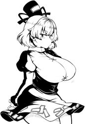  absurdres bad_id bad_twitter_id black_ribbon breasts cross-laced_clothes dress female frilled_dress frilled_sleeves frills greyscale hat hat_ribbon highres himajin_noizu inactive_account juliet_sleeves large_breasts long_sleeves medium_hair monochrome ofuda ofuda_on_clothes puffy_sleeves ribbon soga_no_tojiko solo tate_eboshi touhou 