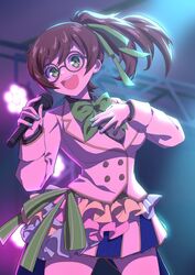  :d blue_nails bow brown_hair buttons collared_dress dress female glasses green_bow green_eyes high_ponytail highres holding holding_microphone idol jacket lace lights looking_at_viewer medium_hair microphone nail_polish open_mouth ponytail ribbon round_eyewear smile solo somasoutaro standing suit_jacket teeth uniform upper_teeth_only yuzuriha_maimai zombie_land_saga 