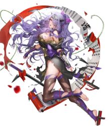  arm_guards ass bare_shoulders blush breasts camilla_(fire_emblem) camilla_(ninja)_(fire_emblem) choker cleavage elbow_gloves fake_horns feet female fingerless_gloves fire_emblem fire_emblem_fates fire_emblem_heroes fishnets from_side geta gloves gold_trim hair_ornament hair_over_one_eye highres holding horns japanese_clothes kunai large_breasts legs long_hair ninja no_shoes non-web_source official_art open_mouth pelvic_curtain purple_eyes purple_hair sandals scroll sencha_(senchat) sheath sheathed shiny_clothes sideboob soles solo stirrup_legwear sword tengu-geta thighhighs toeless_legwear toes torn_clothes torn_thighhighs transparent_background weapon 