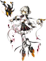  android artist_request backless_outfit black_ribbon bow code:_failess_(elsword) earpiece electricity elsword eve_(elsword) expressionless facial_mark female finger_cots floating forehead_jewel frills full_body leg_ribbon looking_at_viewer moby_(elsword) official_art open_hand orange_eyes outstretched_arms pink_trim remy_(elsword) ribbon short_hair transparent_background white_hair white_ribbon 