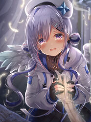  absurdres amane_kanata amane_kanata_(work) angel angel_wings asymmetrical_bangs beret blue_hair colored_inner_hair curtains dress female fingerless_gloves ghost gloves grey_hair hair_ornament hair_over_one_eye hair_over_shoulder hair_rings hairclip hand_grab hat highres hololive hood hoodie intravenous_drip jewelry light_rays long_hair looking_at_viewer multicolored_hair necklace official_alternate_costume official_alternate_hair_length official_alternate_hairstyle open_mouth partially_fingerless_gloves purple_eyes single_hair_intake solo_focus spirit tears twintails two-tone_hair virtual_youtuber wings yukikawa_sara 