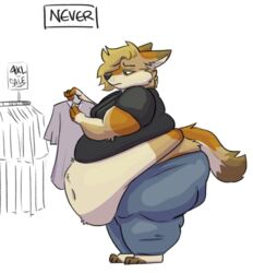  2022 ambiguous_gender anthro belly_peeking_out blonde_hair blue_eyes bottomwear canid canine canis clothed clothing clothing_store colored coyote disappointed english_text exposed_belly fur hair holding_clothing holding_object mammal mottled mottled_body mottled_fur nonbinary_(lore) obese obese_ambiguous obese_anthro overweight overweight_ambiguous overweight_anthro pants rain_(vanillayote) shirt shopping side_cut simple_background solo standing t-shirt tan_body tan_fur text topwear vanillayote weight_gain white_background yellow_sclera 