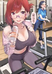  2girls 92m black_sports_bra blue_hair bottle breasts cleavage commentary dateko_(92m) glasses gym gym_equipment highres holding holding_bottle kakita_(92m) kinshi_no_ane_(92m) large_breasts looking_at_viewer multiple_girls open_mouth original pants pink-framed_eyewear playing_sports red_eyes red_hair short_hair sitting smile speech_bubble sports_bra stationary_bicycle translated treadmill walking yoga_pants 