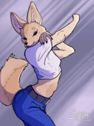  2022 5_fingers absurd_res aggretsuko anthro arched_back belt black_eyes black_nose bottomwear canid canine clothing crop_top denim denim_bottomwear denim_clothing digital_media_(artwork) eyebrows eyelashes female fennec_fox fenneko fingers fluffy fluffy_tail fox fur hair hi_res humanoid_hands jeans looking_at_viewer mammal midriff pants pose sanrio shirt sidpoke simple_background smile smiling_at_viewer solo stretching t-shirt tail tan_body tan_fur topwear true_fox white_clothing white_shirt white_t-shirt white_topwear 