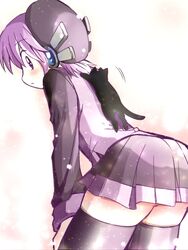  animal animal_on_back ass beret black_cat black_hat black_skirt black_sleeves black_thighhighs blush cat_on_person commentary cowboy_shot eichi1219 feline female hands_on_thighs hat long_sleeves looking_at_animal looking_back medium_hair pleated_skirt purple_eyes purple_hair purple_shirt robot_ears shiny_clothes shirt short_hair simple_background skirt solo thighhighs two-tone_shirt utane_uta utau white_background zettai_ryouiki 