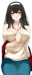  :o absurdres bare_shoulders black_hair blush breasts collarbone enri_madoka female green_skirt half-closed_eyes highres idolmaster idolmaster_cinderella_girls large_breasts long_hair looking_at_viewer off-shoulder_sweater off_shoulder plaid_shawl red_shawl ribbed_sweater sagisawa_fumika shawl simple_background skirt solo straight_hair sweater white_background 