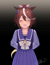  :d animal_ears arms_behind_back blush bow brown_hair closed_eyes collarbone commentary_request cowboy_shot dark_background facing_viewer female gradient_background hair_ribbon highres horse_ears horse_girl horse_tail kin&#039;iro_dojo long_hair long_sleeves multicolored_hair open_mouth pink_ribbon pleated_skirt ponytail purple_sailor_collar purple_shirt purple_skirt ribbon sailor_collar school_uniform serafuku shirt signature skirt smile solo streaked_hair tail tokai_teio_(umamusume) tracen_school_uniform two-tone_hair umamusume white_bow white_hair 