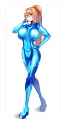  alternate_breast_size blonde_hair blue_eyes blush bodysuit breasts covered_navel female full_body hand_on_own_hip highres large_breasts long_hair looking_at_viewer metroid parted_lips ponytail samus_aran shiny_clothes skin_tight solo volyz zero_suit 