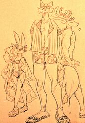  anthro beastars canid canine canis cervine clothing deer domestic_rabbit dripping dwarf_rabbit eyewear female footwear group haru_(beastars) lagomorph legoshi_(beastars) leporid louis_(beastars) male male/female male/male mammal netherland_dwarf_rabbit oryctolagus rabbit red_deer sandals sparkles summer sunglasses swimwear towel trio wet wolf wuffinarts 