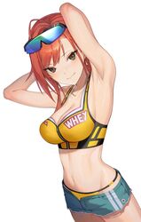  ahoge akimikan_(2.5deciliter) arisugawa_natsuha armpits arms_up bikini blush breasts cleavage collarbone crop_top denim denim_shorts female goggles goggles_on_head groin highres idolmaster idolmaster_shiny_colors looking_at_viewer medium_breasts navel orange_hair short_shorts shorts simple_background smile solo stomach swimsuit white_background yellow_bikini zipper_bikini 