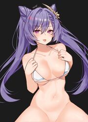  :p absurdres bad_id bad_twitter_id bare_shoulders bikini bikini_top_only black_background bottomless braid breasts breasts_apart collarbone commentary cone_hair_bun double_bun female genshin_impact goyain hair_between_eyes hair_bun hair_ears hair_ornament halterneck highres keqing_(genshin_impact) long_hair medium_breasts navel out-of-frame_censoring purple_eyes purple_hair signature simple_background solo swimsuit tongue tongue_out twintails underboob white_bikini 