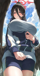  :o absurdres banana_oekaki black_hair black_wings blue_archive blue_sky blush bra_visible_through_clothes breasts cloud female gym_shorts gym_uniform hair_between_eyes halo hasumi_(blue_archive) hasumi_(track)_(blue_archive) high_ponytail highres jacket large_breasts large_wings long_bangs long_hair looking_at_viewer mole mole_under_eye official_alternate_costume parted_lips ponytail red_eyes revision shorts sky solo track_jacket wings zipper 