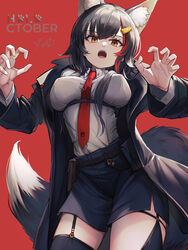  absurdres animal_ear_fluff animal_ears black_coat black_garter_straps black_hair black_skirt black_thighhighs breasts claw_pose coat collared_shirt female garter_straps hair_ornament hairpin highres hololive large_breasts long_hair multicolored_hair necktie ookami_mio open_mouth qiaogun_damodao red_background red_hair red_necktie shirt skirt streaked_hair tail teeth thighhighs upper_teeth_only virtual_youtuber white_shirt wolf_ears wolf_girl wolf_tail 