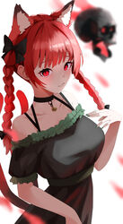  absurdres animal_ears bell black_dress braid breasts cat_ears cat_tail collarbone commentary dress extra_ears female highres jingle_bell kaenbyou_rin kaminose_(user_veum4325) large_breasts long_hair looking_at_viewer multiple_tails red_eyes red_hair simple_background skull solo tail touhou twin_braids two_tails upper_body white_background 