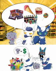  abuse ambiguous_gender anthro beverage blush candy dessert espurr female food grabbing_legs groceries grocery_store group hershey&#039;s ice_cream junk_food lollipop lucario m&amp;m&#039;s male mars_incorporated meowstic multi_tail nintendo panic pok&eacute;mon_(species) pokemon shopping_cart soda tired_of_this_shit video_games winick-lim 