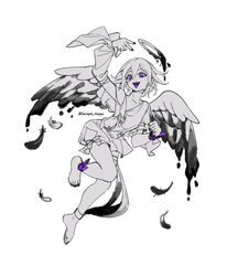  1boy :p absurdres alternate_costume angel arm_up artist_name barefoot collarbone colored_tongue danganronpa_(series) danganronpa_v3:_killing_harmony ewa_(seraphhuiyu) feathers halo highres looking_at_viewer oma_kokichi purple_eyes purple_tongue smile solo spot_color teeth tongue tongue_out upper_teeth_only v wings 