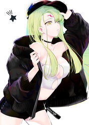  ! !! absurdres arm_up baseball_cap black_choker black_jacket black_shorts breasts c.c. choker cleavage_cutout clothing_cutout code_geass collarbone crop_top facial_mark female forehead_mark from_side geass green_hair hand_on_headwear hat highres jacket leaning_forward long_hair medium_breasts midriff navel noppo parted_lips short_shorts shorts simple_background solo star_(symbol) stomach straight_hair white_background yellow_eyes 