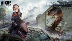  blonde_hair breasts curvy emma_(nikke) female gatling_gun gloves goddess_of_victory:_nikke gun hat highres large_breasts long_hair looking_at_viewer m134_minigun mature_female military military_uniform minigun monster official_art open_mouth outdoors rapture_(nikke) ribbon second-party_source skirt smile solo squatting thick_thighs thighhighs thighs uniform weapon 