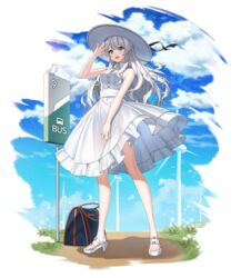  absurdres alpha_transparency alternate_costume bag bare_shoulders bird blue_eyes blue_sky braid bus_stop_sign claudia_nelson cloud counter:side cross dress female full_body hat high_heels highres knees long_hair official_alternate_costume official_art open_mouth outdoors sky sleeveless teeth transparent_background upper_teeth_only white_hair wind_turbine 