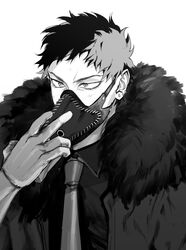  1boy bad_id bad_twitter_id boku_no_hero_academia collared_shirt earrings feather_trim gloves goodbye_glory greyscale hand_on_mask highres jacket jewelry male_focus mask monochrome necktie overhaul_(boku_no_hero_academia) plague_doctor_mask shirt short_hair simple_background solo upper_body white_background 