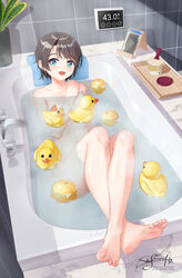  artist_name barefoot bath bathing bathtub black_hair blue_eyes blush cellphone commentary_request completely_nude convenient_censoring feet female food foreshortening fruit fruit_on_liquid full_body haagen-dazs highres hololive ice_cream ice_cream_spoon indoors legs looking_at_viewer nude oozora_subaru open_mouth orange_(fruit) partially_submerged phone plant potted_plant rubber_duck short_hair signature sitting skyrail smartphone smile soles solo spoon swept_bangs tile_wall tiles toe-point toes virtual_youtuber water wet wet_hair wooden_tray 