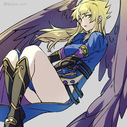  absurdres blonde_hair breasts breath_of_fire breath_of_fire_ii dress feathered_wings feet_out_of_frame female green_eyes highres long_hair looking_at_viewer nina_(breath_of_fire_ii) purple_wings sassa_(cb) side_slit simple_background solo white_background wings 