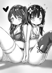  2girls absurdres ao_daidai_ki arm_at_side assault_lily back-to-back bare_arms bare_shoulders blunt_bangs blush bra breasts cleavage closed_mouth collarbone commentary flower flower_knot flying_sweatdrops greyscale hair_between_eyes hair_flower hair_ornament hair_scrunchie halftone heart highres holding_hands interlocked_fingers kuo_shenlin long_hair looking_at_viewer low_ponytail medium_breasts monochrome multiple_girls one_side_up panties raised_eyebrows scrunchie side_ponytail sidelocks sitting smile tassel tassel_hair_ornament thighhighs underwear underwear_only wang_yujia wavy_mouth 