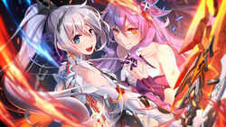  2girls :d armor bare_shoulders closed_mouth dress earrings flaming_sword flaming_weapon gauntlets hair_between_eyes hair_ornament highres holding holding_sword holding_weapon honkai_(series) honkai_impact_3rd jewelry kiana_kaslana kiana_kaslana_(herrscher_of_flamescion) long_hair looking_at_viewer multiple_girls open_mouth ponytail purple_hair ryuji_nogito sirin sleeveless sleeveless_dress smile sword teeth v-shaped_eyebrows weapon yellow_eyes 