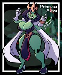  alien alien_humanoid amphibian animal_humanoid attea ben_10 big_breasts breasts cartoon_network clothed clothing crown female frog green_body green_skin headgear hi_res huge_thighs humanoid incursean juanp1arts lips mammal mammal_humanoid not_furry princess_attea smile solo text thick_thighs 